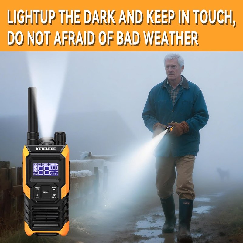 KETELESE T4 Walkie Talkie - IP67 Waterproof Two-Way Radio with Type-C Rechargeable Battery | 2-Pack, Orange