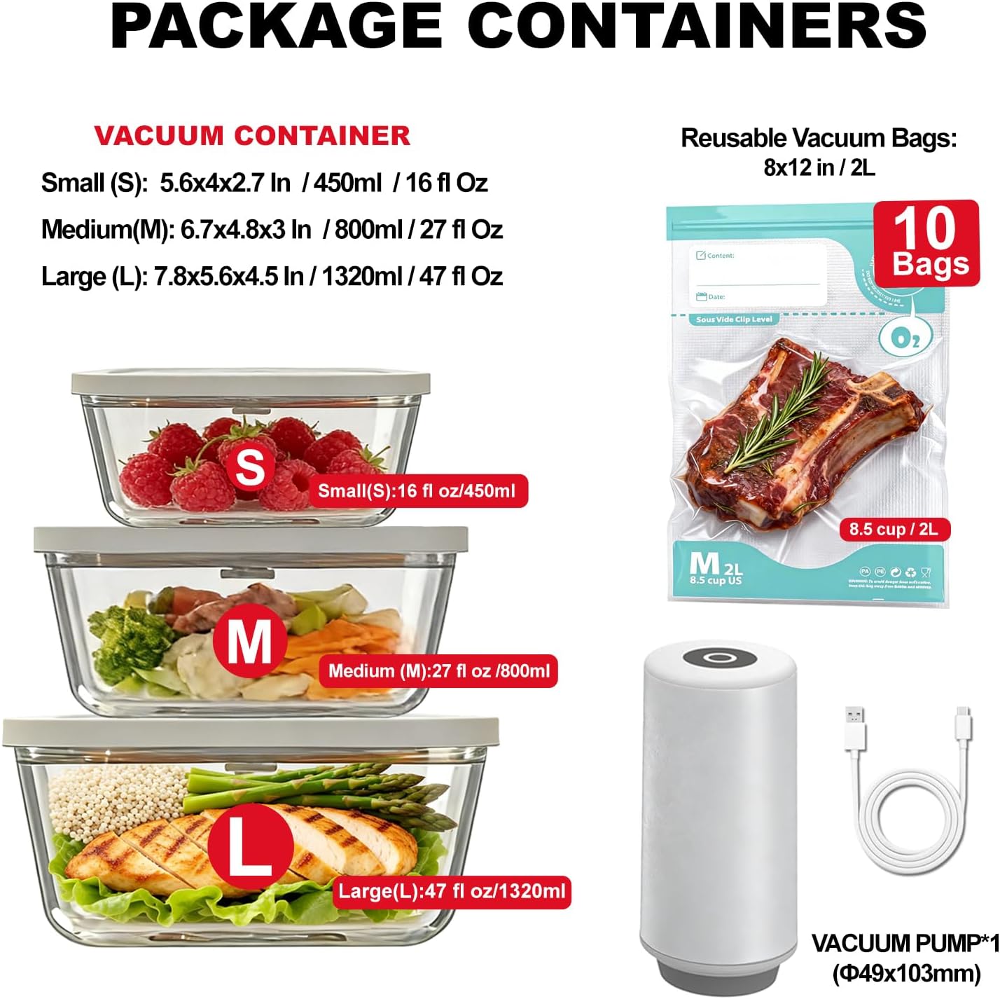 Compact Vacuum Sealer - Powerful Handheld Food Sealer with 3 Glass Containers & 10 Reusable Bags | Ideal for Kitchen Meal Prep & Travel