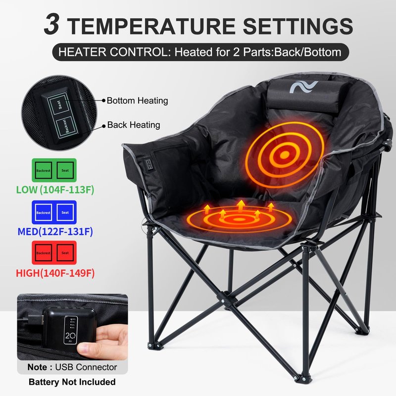 ABORON Oversized Heated Camping Chair, Padded Outdoor Folding Heated Chair with Side Pocket, Heavy Duty Seat for Winter Sports, Patio, Tailgating