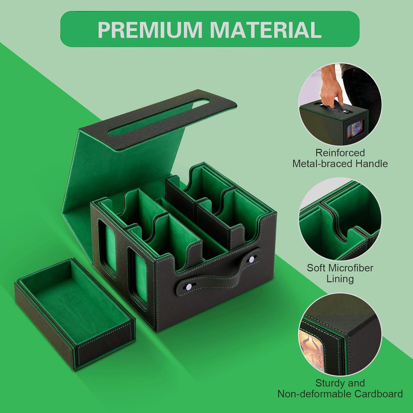 Commander Deck Box for MTG | Card Storage for 400+ Double-Sleeved Cards - 5-in-1 Removable Case with Display Windows (Black & Green)