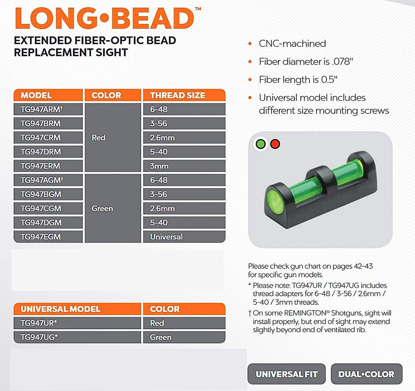 TRUGLO Bright Low-Profile All Metal Construction Long Bead Front Fiber Optic Gun Replacement Bead, 6-48 - RED