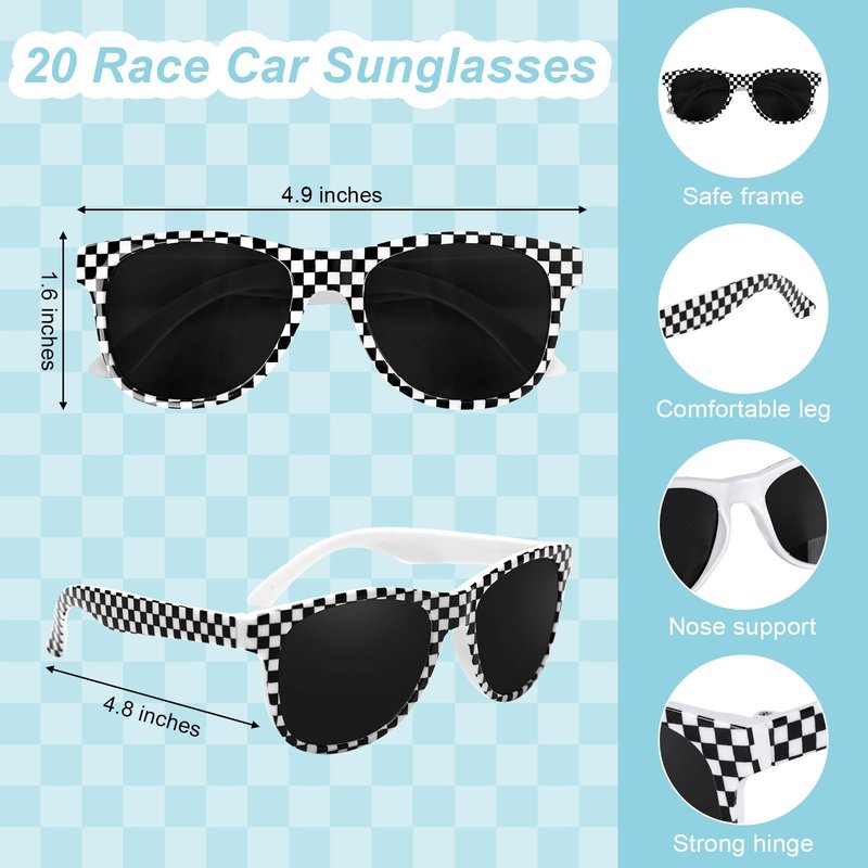 PLUVAVA 40 Pieces Race Car Checkered Sunglasses Flag Wristbands Black White Checker Sunglasses Silicone Flag Bracelets for Racing Theme Checkered Party Favors Summer Pool Beach