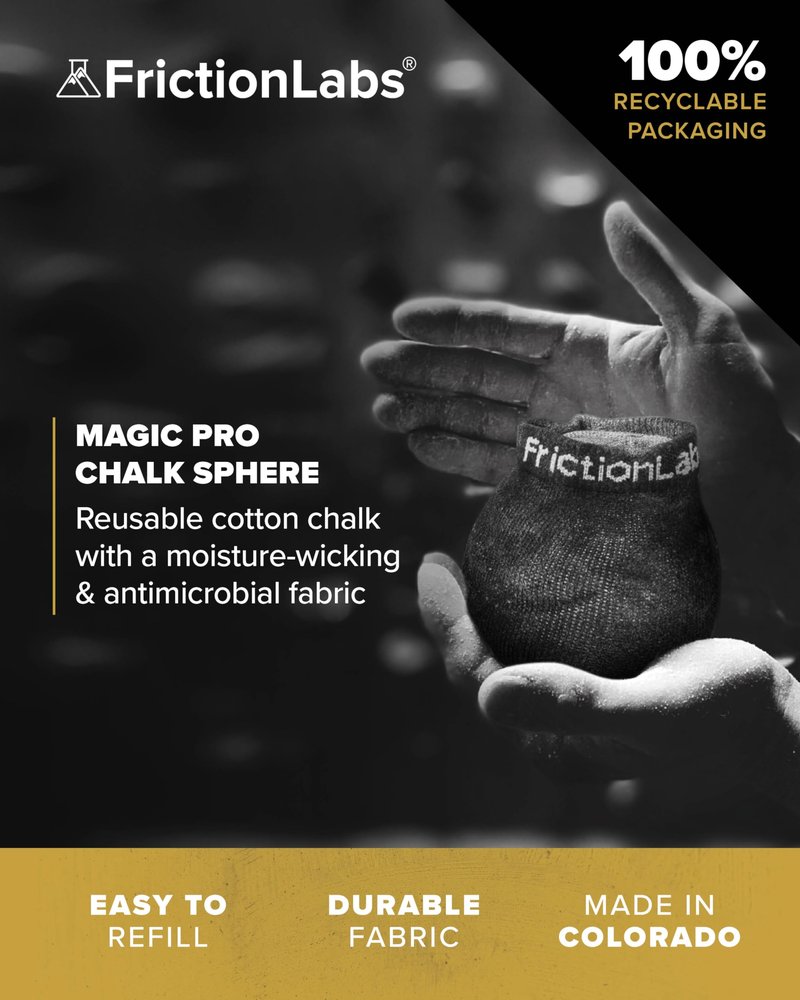 Friction Labs Magic Pro Chalk Sphere 2.2oz - Premium Moisture-Wicking Chalk Ball for Rock Climbing, Weight Lifting, Gymnastics, & Bowling - Mess Free Gym Chalk with Easy to Refill Sock