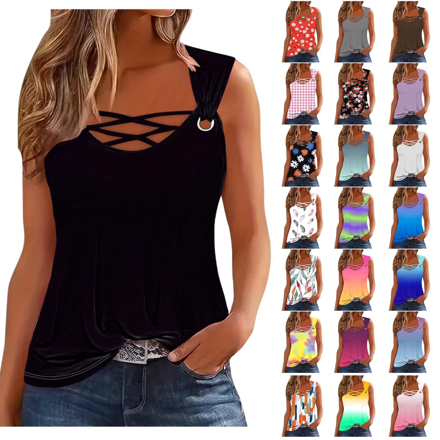 Gcvizuso Summer Shirts for Women Tank Tops for Women 2024 Trendy Summer Sleeveless Tshirt Casual Vacation Solid Blouse Plus Size Loose Tee Deal of The Day Today