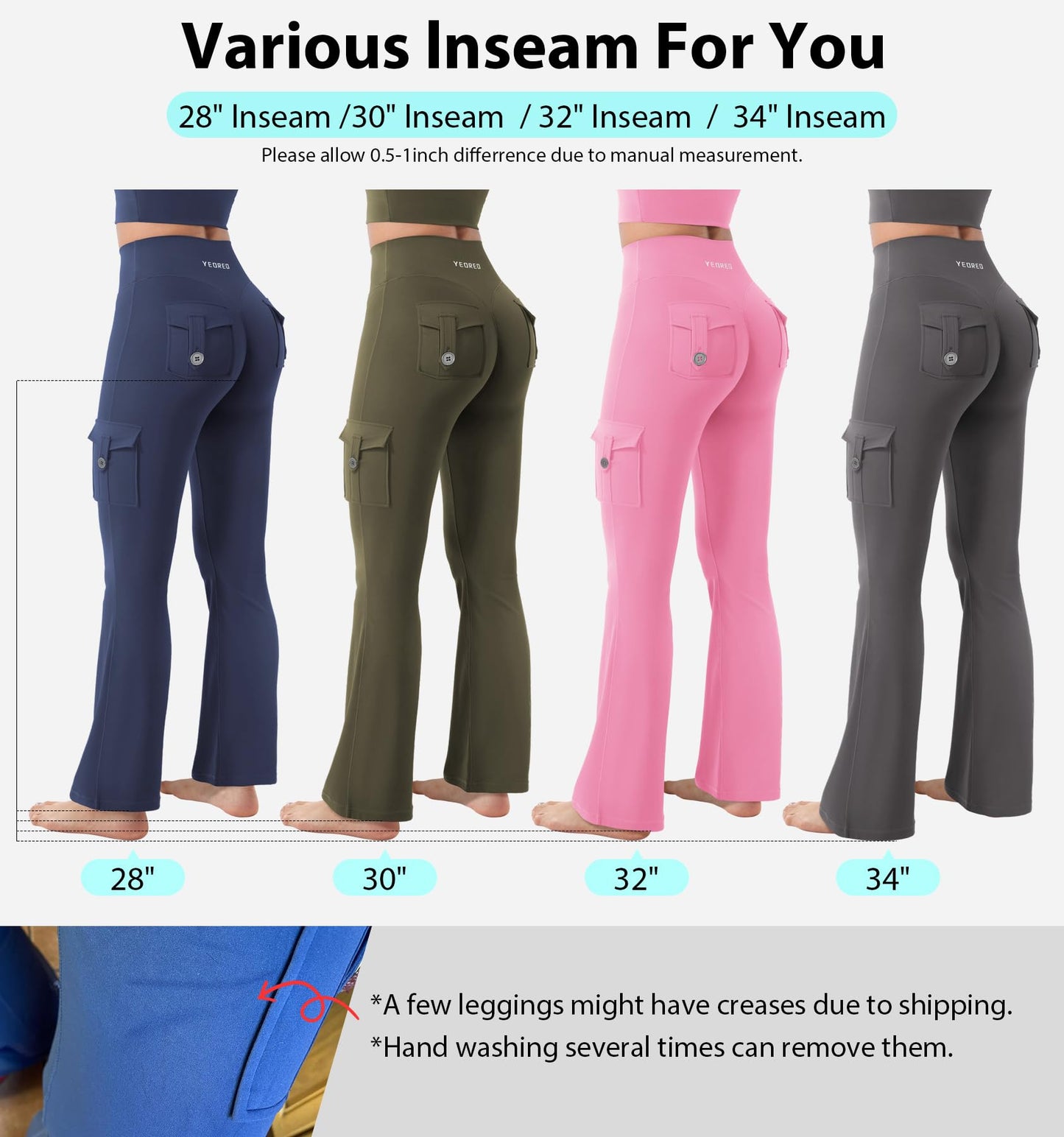 YEOREO CoreFlex Women Workout Flare Leggings with Pockets Hidden Scrunch Cargo Gym Yoga No Front Seam Leggings Navy M