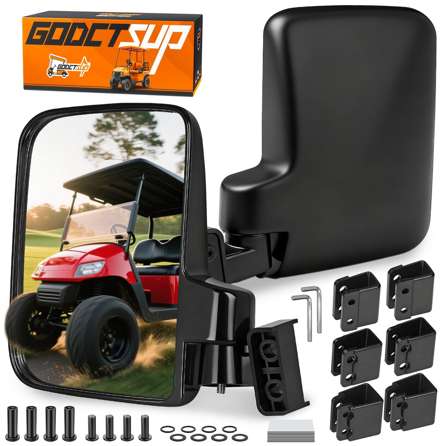 GODCTSUP Golf Cart Mirrors, No Drilling Golf Cart Side Mirrors for Club Car EZGO YAMAHA and Others Square Tube Carts Roof Bracket(0.75/1/1.25 inch), Durable Anti-Shudder, 180 Degree Rotation