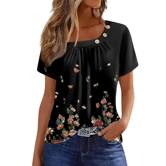 Encanto Summer Top Ladies Short Sleeve Beach Plus Size Round Neck Shirts Cool Polyester Button Print Comfy Top Teen Girls Black