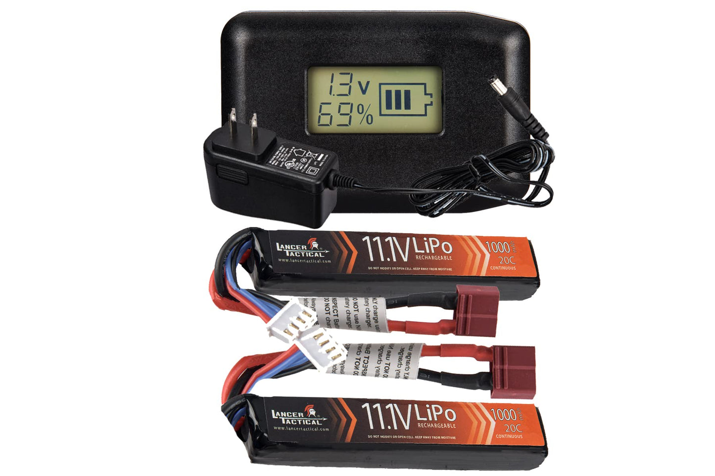 Lancer Tactical Battery Pack with Charger-2 Pack 11.1V Lipo 1000mAh 20C Stick Rechargeable Battery with LCD Universal LiPo Balance Charger for Airsoft AEGs, Lancer Gen 3, Proline, Hybrid
