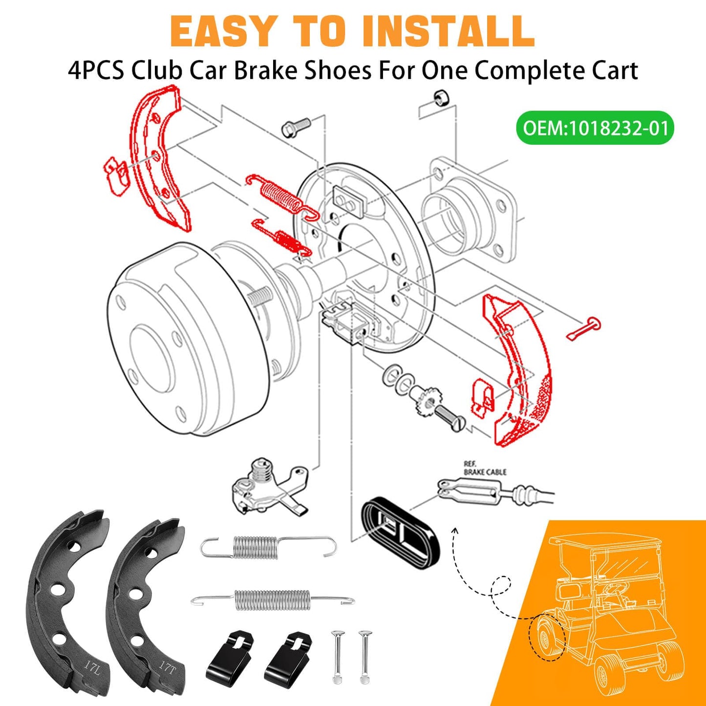 Club Car Brake Shoes Spring Kit Assembly for Club Car DS Precedent G&E1995-Up Golf Cart Brake Shoes OEM1018232-01 1018163-01 Automatic Adjust (2 Short & 2 Long Black)