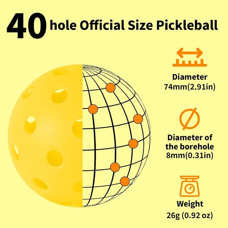 Pickleball Balls Set - 40 Hole Outdoor Balls with 8mm Precision Drilled Design | Ideal for Indoor & Outdoor Play