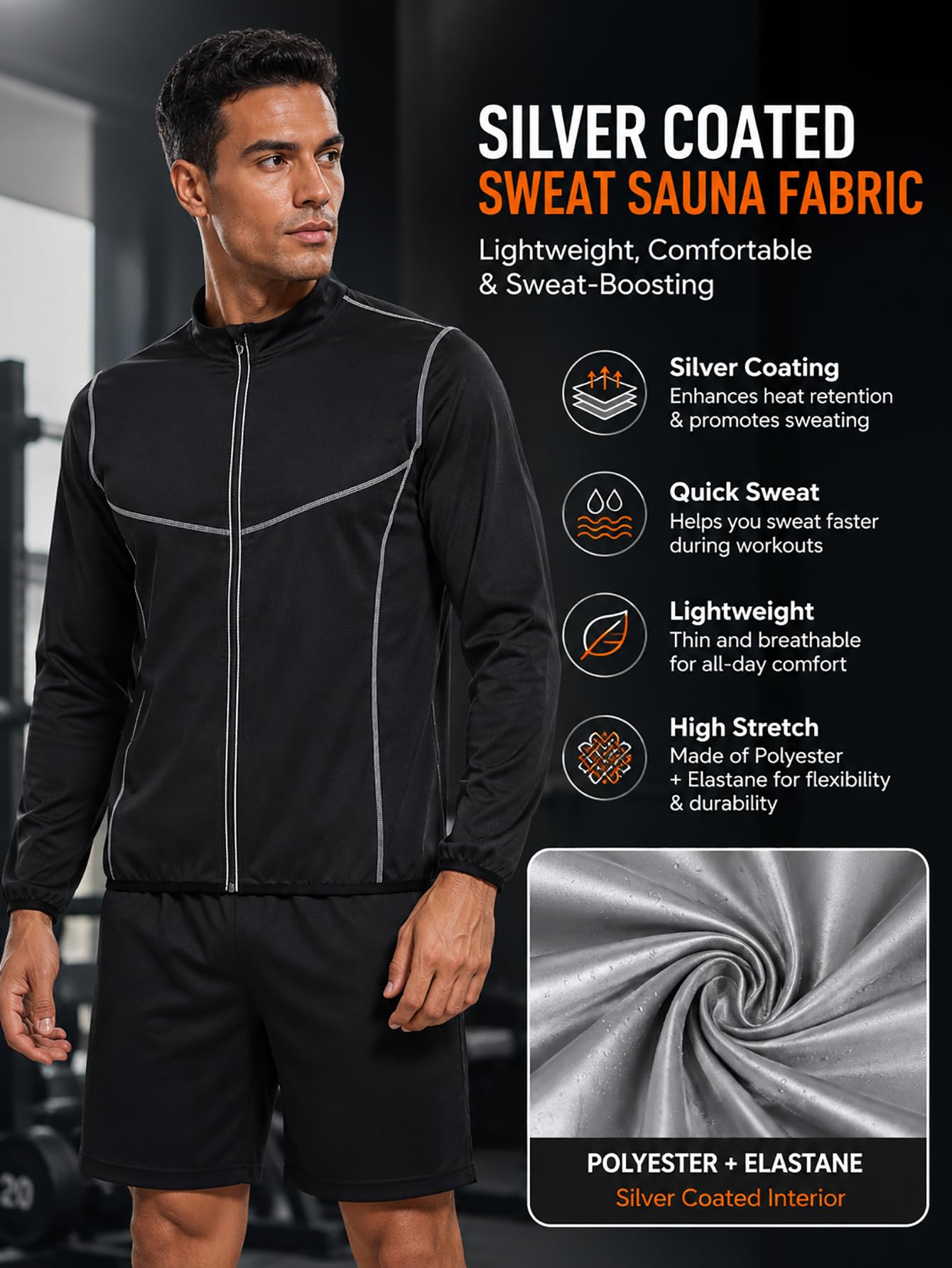 LAZAWG Sauna Suit for Men Long Sleeve Sauna Jacket Workout Sweat Shirt Zipper Top for Gym Running Fitness Exercise
