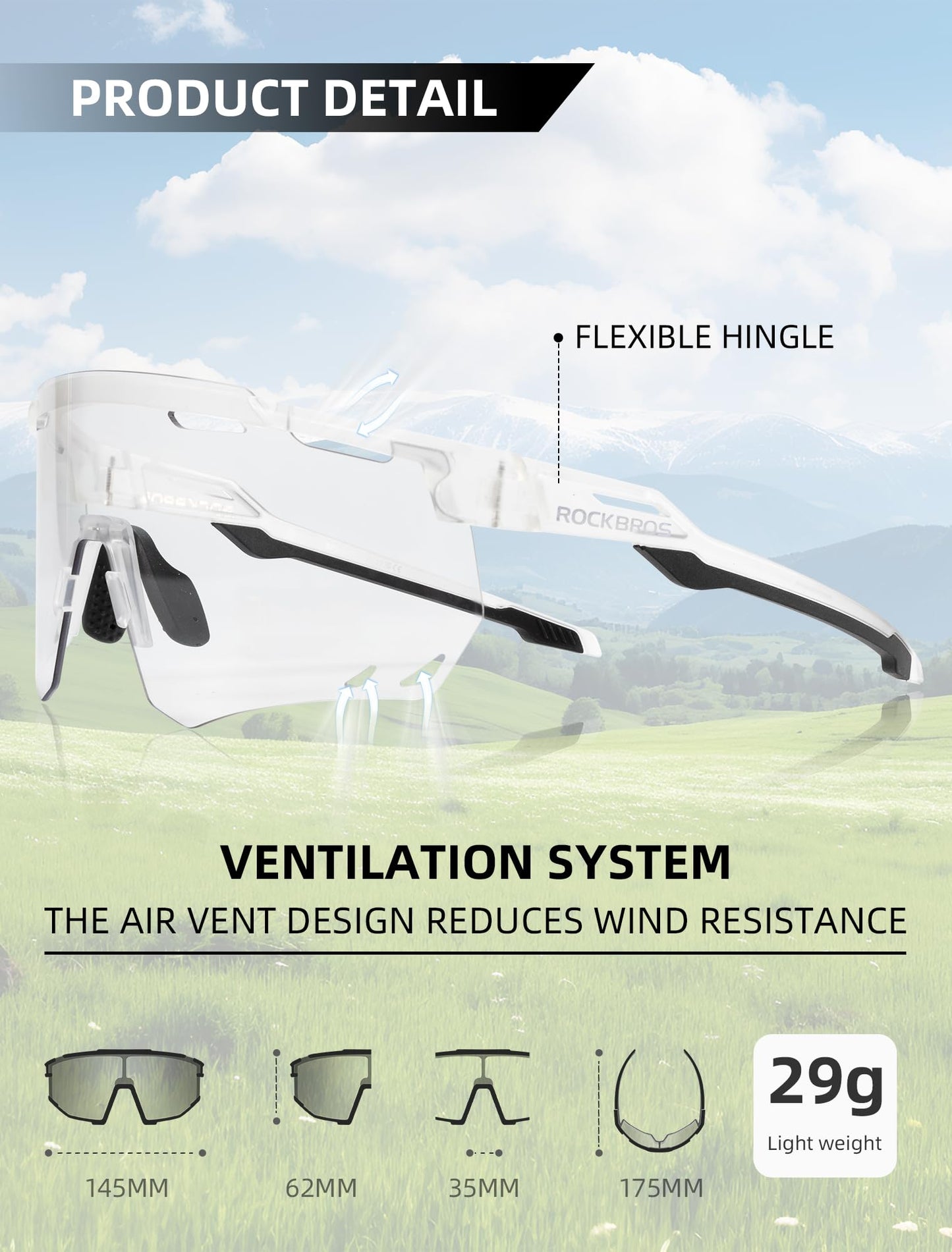 ROCKBROS Photochromic Cycling Glasses Anti-fog Photochromic Sunglasses UV Protection Mountain Bike Glasses