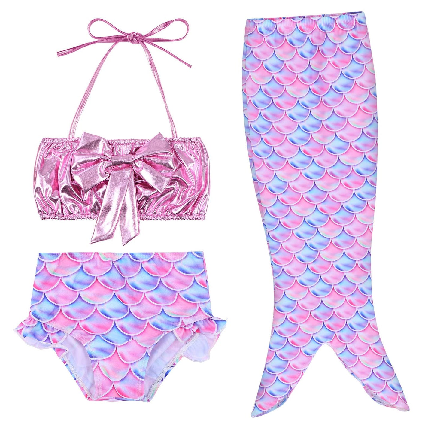 TFJH E 3pcs Girls Swimming Bathing Suits Fish Scale Tail Bikini Swim Set Pink Scale 140