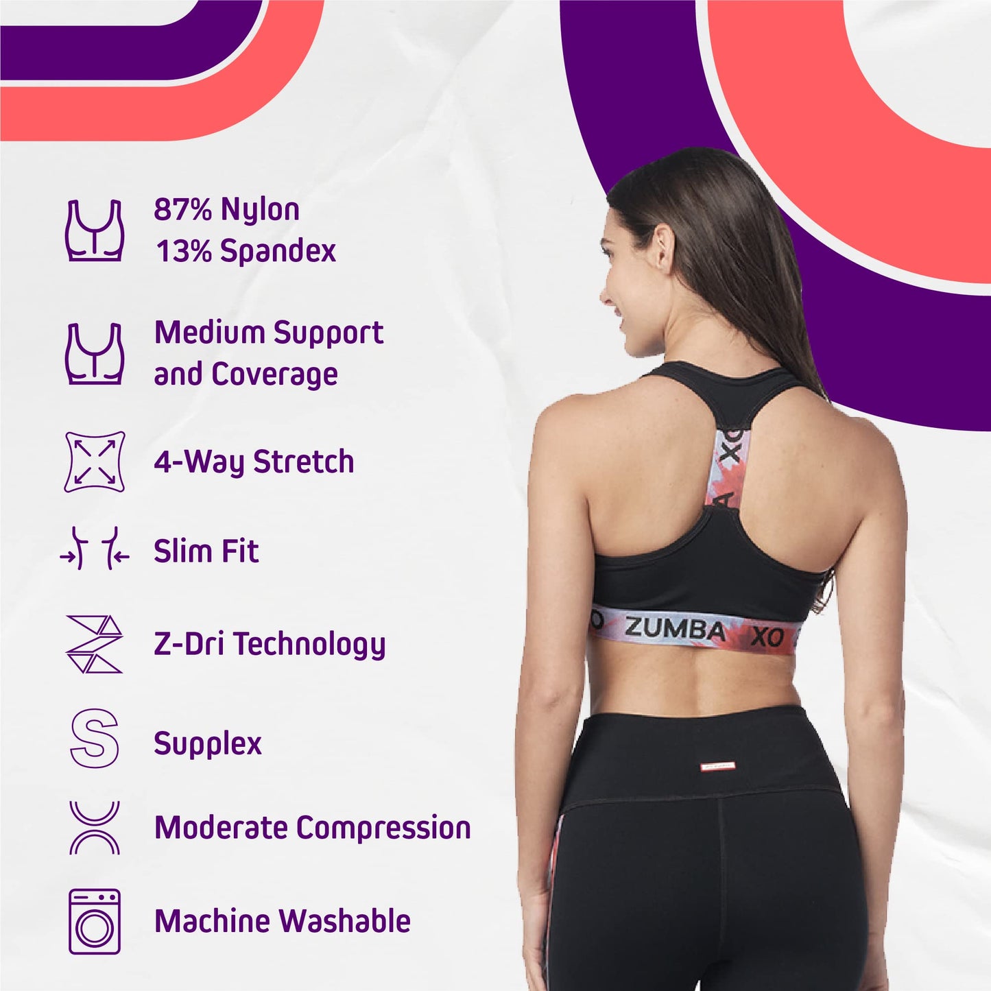 ZUMBA Women’s Love Scoop Sports Bra, Athletic Workout Top for Women, Black, X-Small