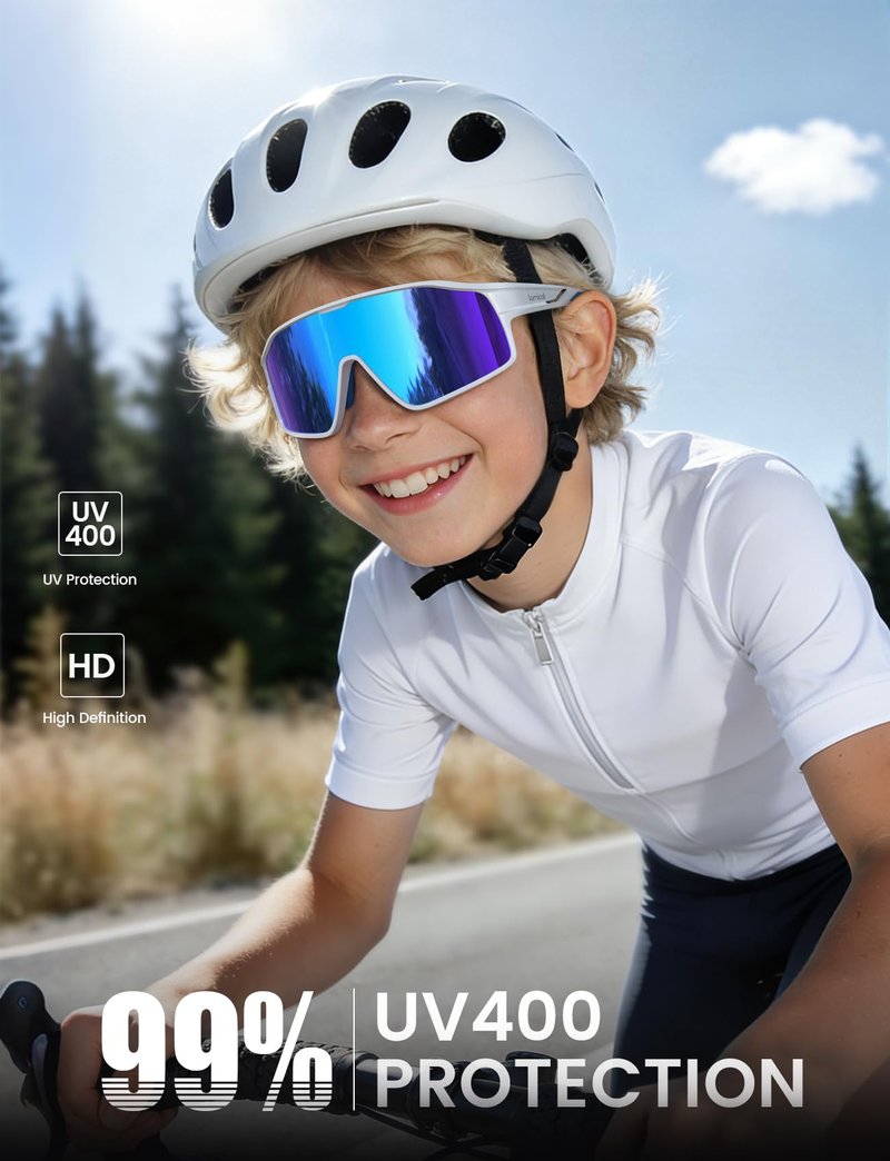 Lamicall Polarized Sport Sunglasses for Age 6-10 Kids - UV400 Protection Baseball Cycling Running Sun Glasses for Boys Girls Teens, White Blue