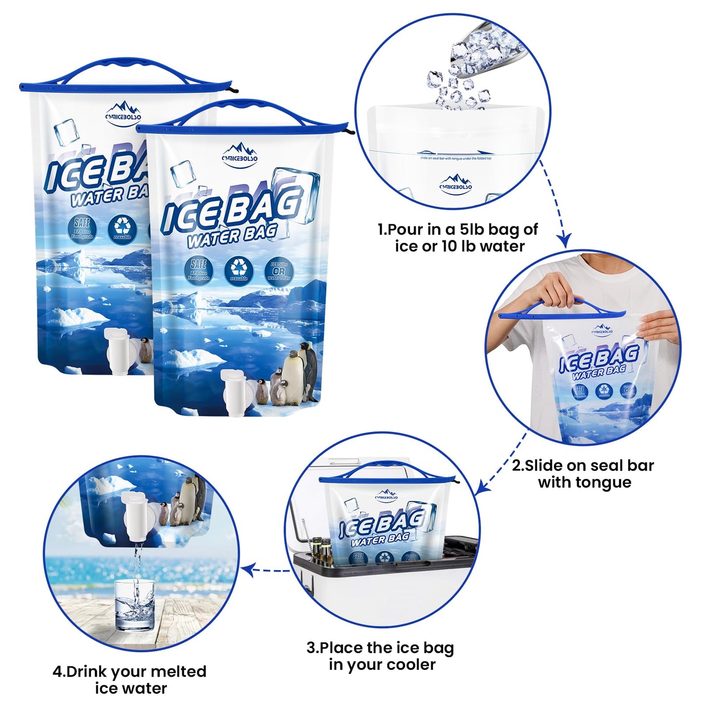 CamiceBolso Large Leakproof Ice Bag,Reusable Ice Bag,5Ib Ice Packs for Cooler, Long Lasting Dry Freezer Packs with Faucet for Camping Hiking and Drinks.