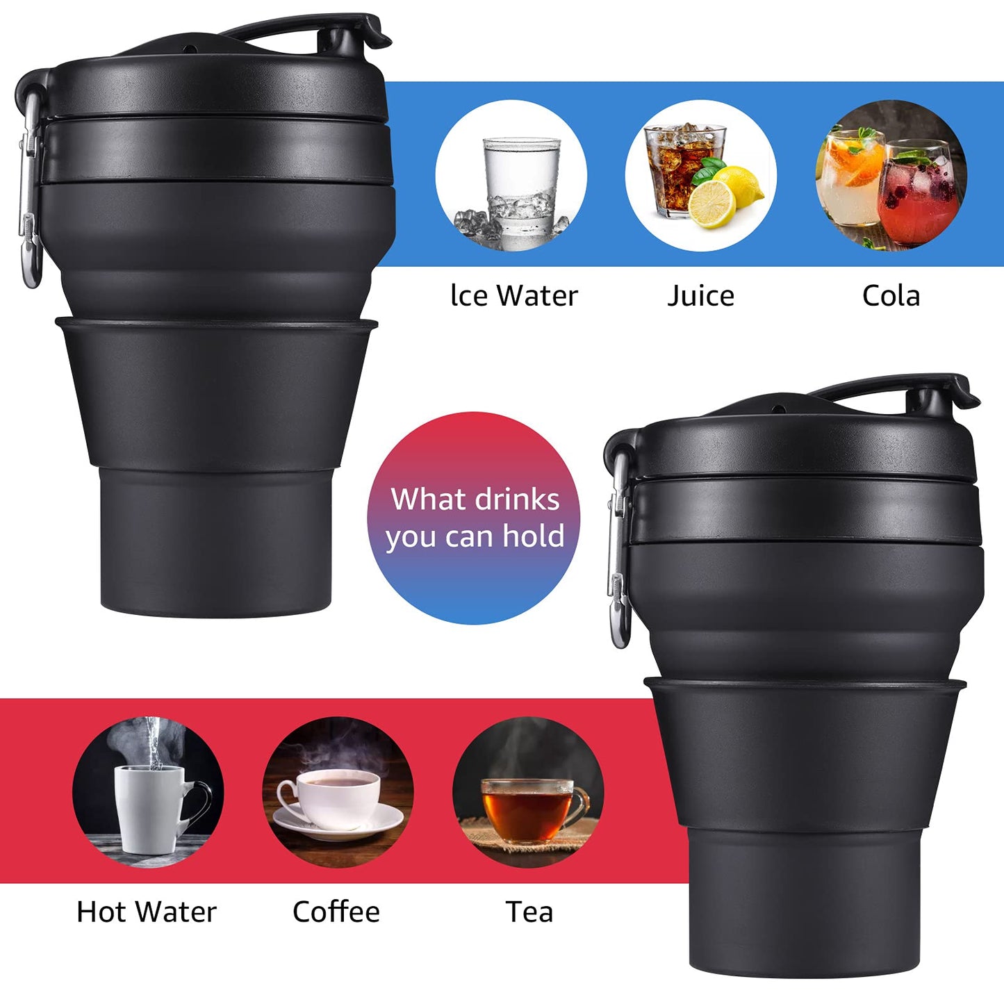 EASYXQ Collapsible Coffee Cup, 16 OZ 480ml Silicone Folding Camping Cup, Leak Proof BPA Free Portable Cup, Travel mug with Lids for hiking (Black)