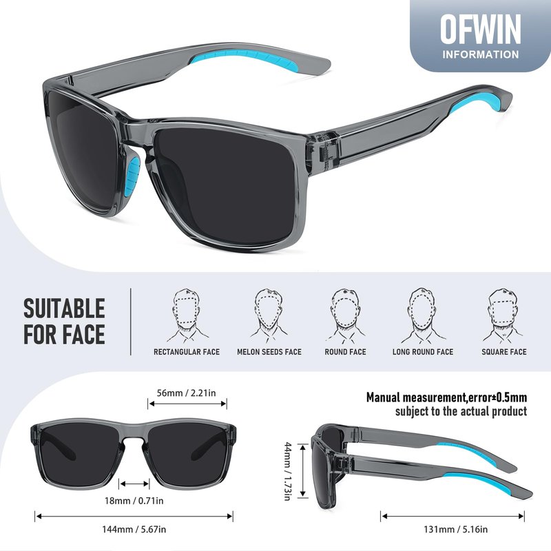 Ofwin Sports Polarized Sunglasses for Men Women UV Protection Unbreakable Driving Running Fishing Hiking Sun Glasses Clear Gray Frame/Gray Lens