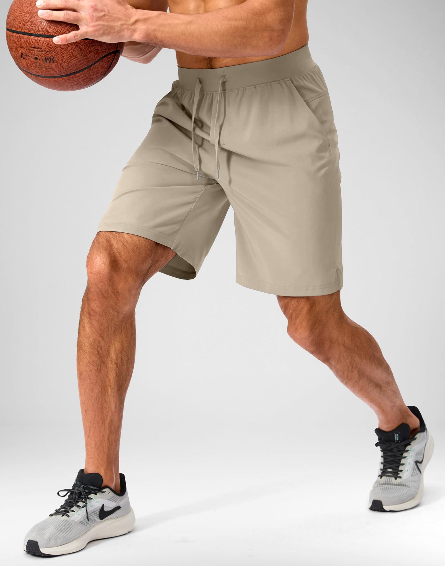 Soothfeel Men's Running Shorts with Zipper Pockets 9 Inch Lightweight Quick Dry Gym Sports Athletic Workout Basketball Shorts for Men (Khaki, XXXL)