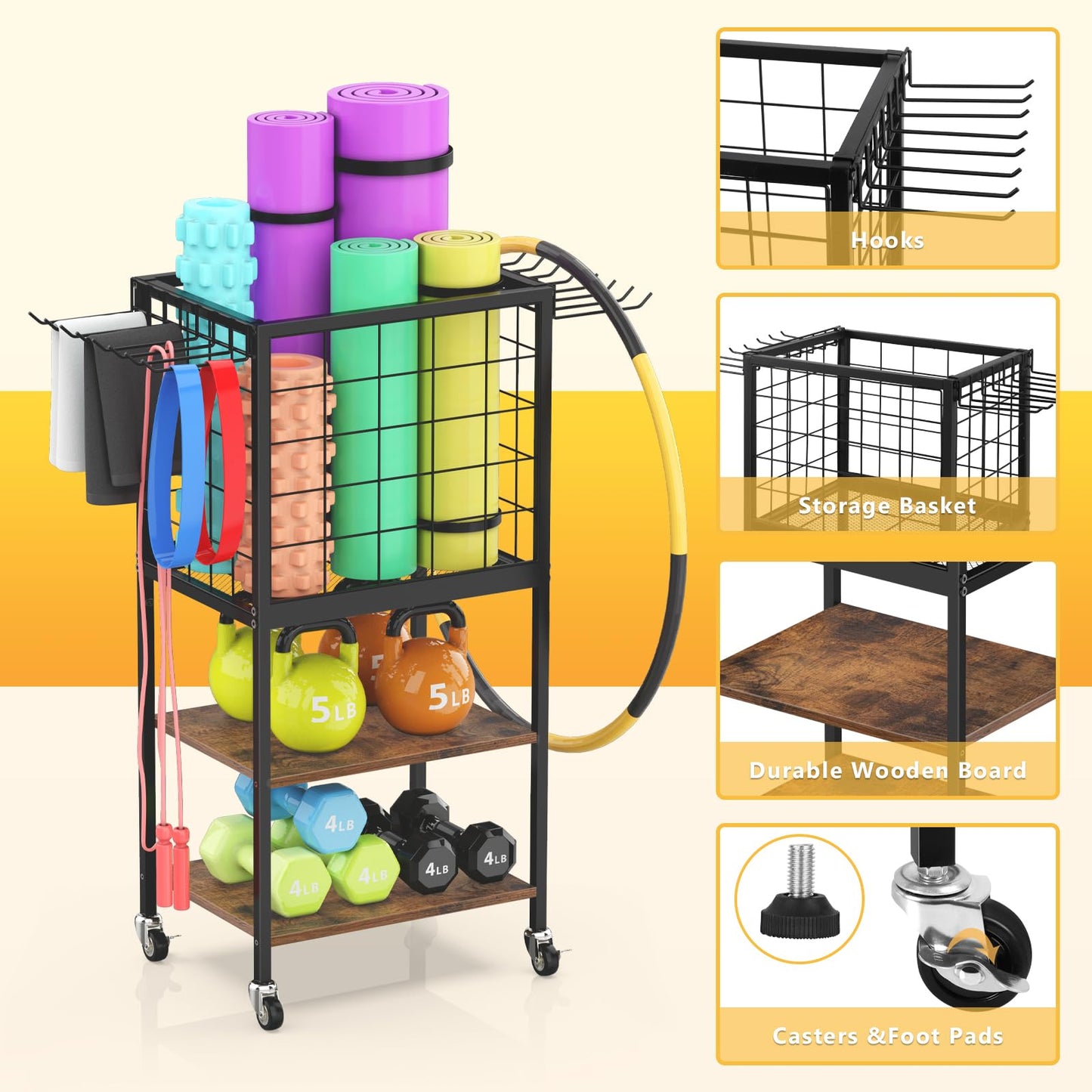 Weight Rack for Dumbbells, Yoga Mat Storage Rack, Home Gym Workout Equipment Storage Organizer, 3-Tier Wooden Dumbbell Rack Weight Stand with Hooks, Yoga Mat Holder with Wheels for Yoga Block