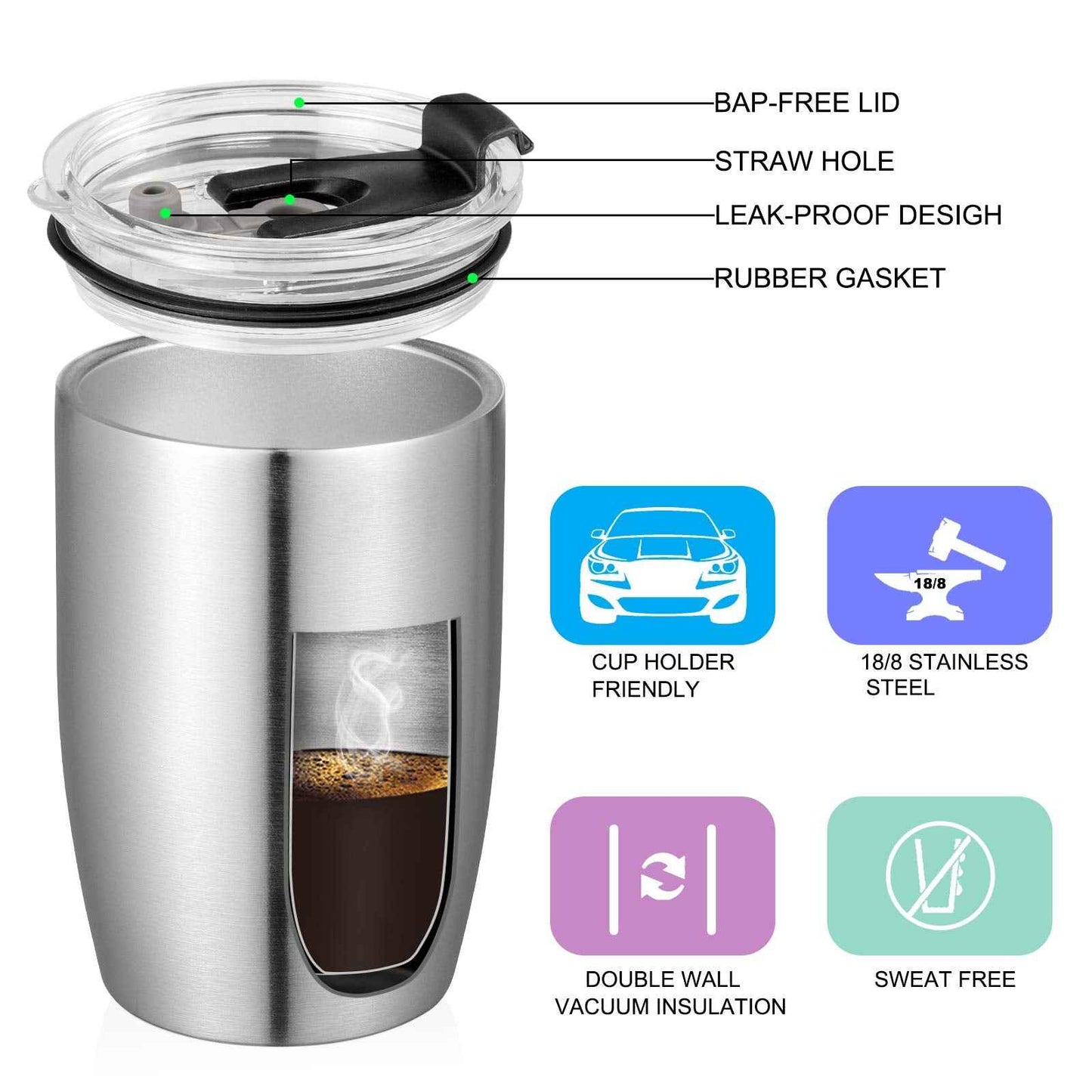 VEGOND Stainless Steel 12 oz Tumblers bulk Vacuum Insulated Double Wall Travel Tumbler with Lid and Straw Reusable Tumbler,Stainless 12 pack