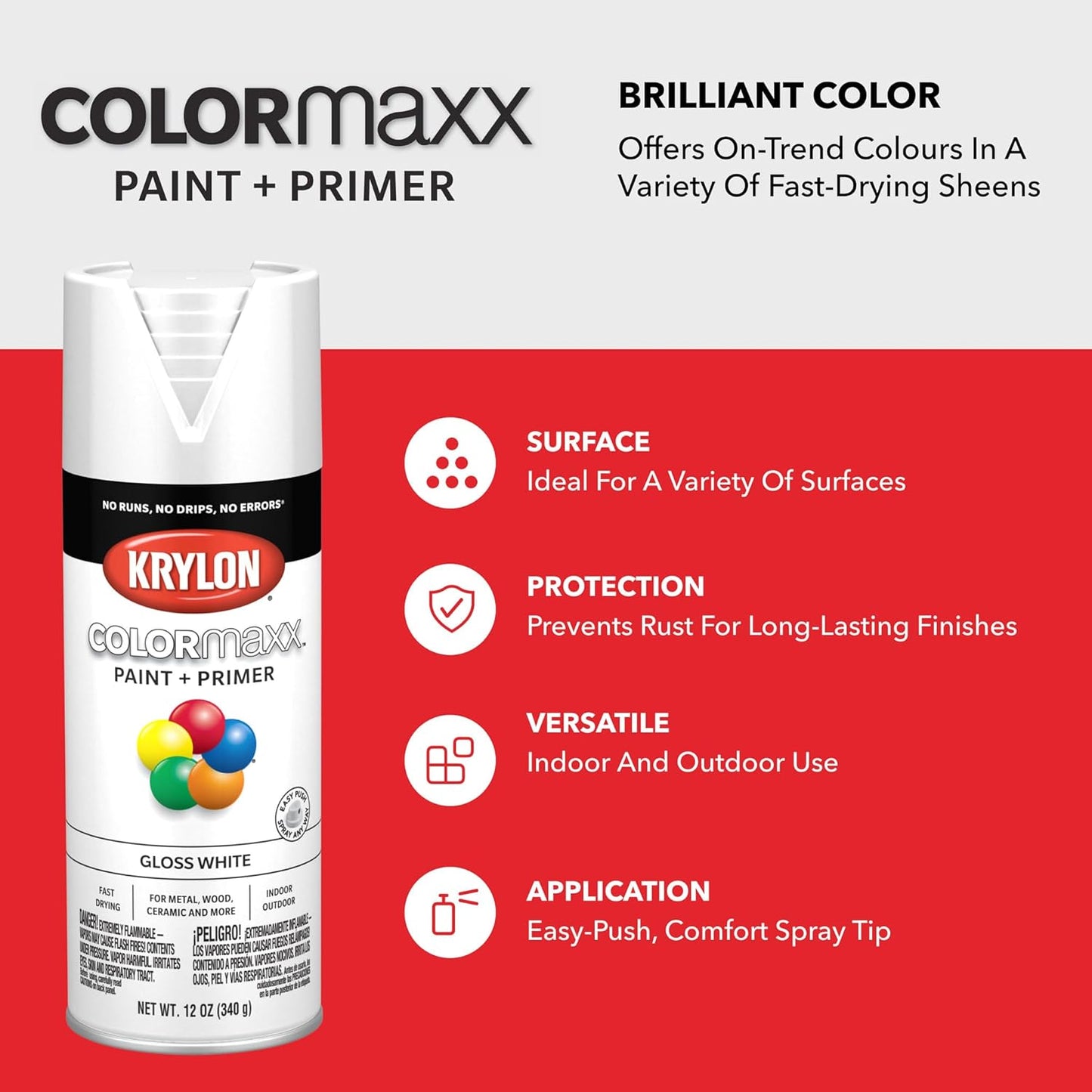 Krylon COLORmaxx Spray Paint & Primer - Gloss White 12 Oz for Indoor/Outdoor Use