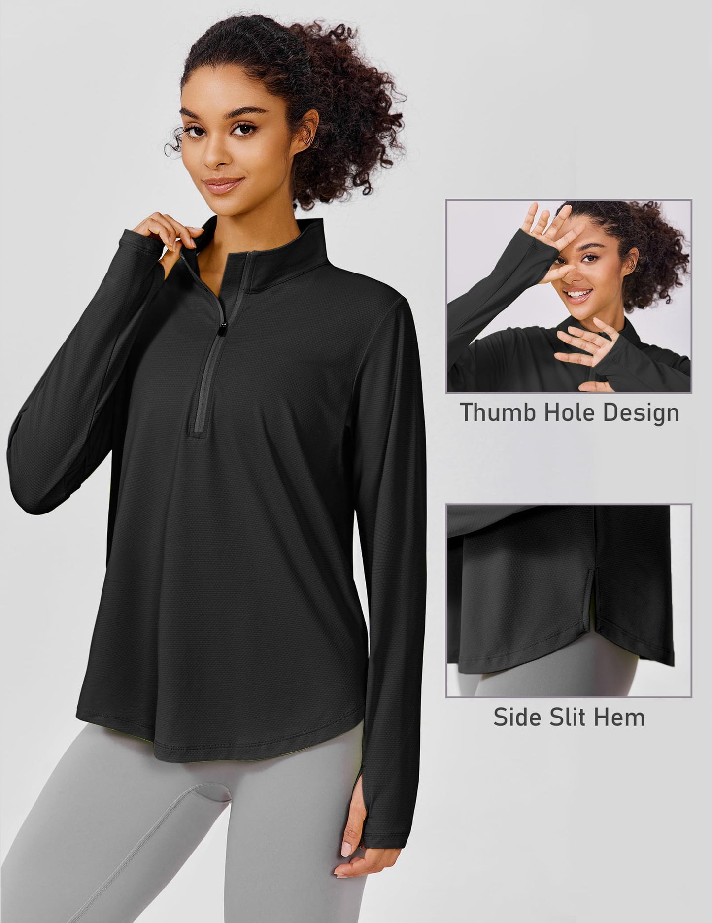 PINSPARK Womens UPF 50+ Sun Shirts Quick Dry Quarter Zip Pullover Long Sleeve Workout Running Golf Beach Tops Loose Fit,Black M