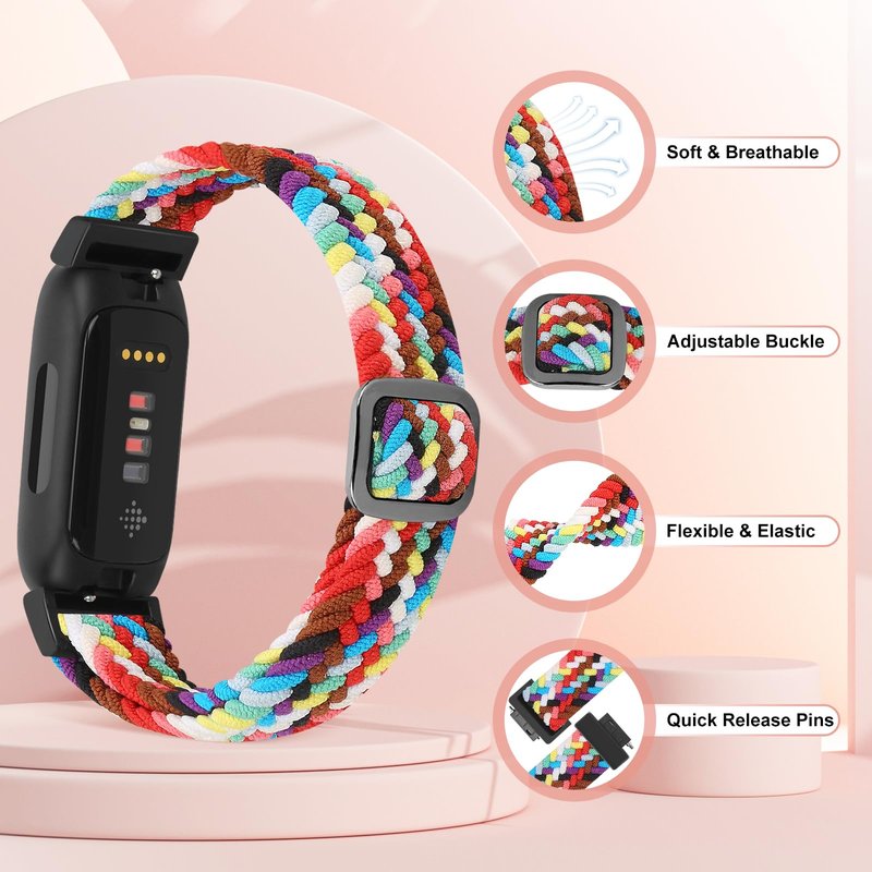 WolliLe Braided Watch Bands Compatible with Fitbit Inspire 3/2/HR/Ace 3/2, Soft Adjustable Nylon Loop Elastic Strap Sport Replacement Wristbands for Women Men