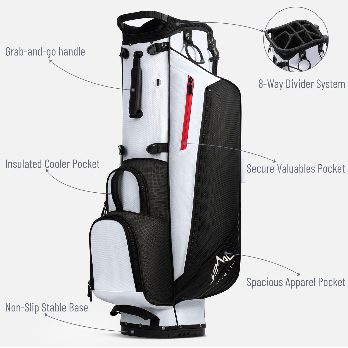 UNIHIMAL 8-Way Golf Stand Bag, Lightweight Walking Golf Bag with Full-Length Dividers, Cooler Pocket and Rain Hood, for Men Women, Black White