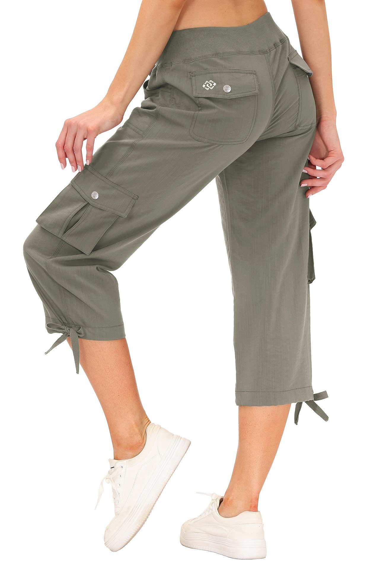 MoFiz Women's Cargo Hiking Pants Lightweight Quick Dry Running Capri Pants Athletic Workout Casual Outdoor Button Pockets Grey Khaki S