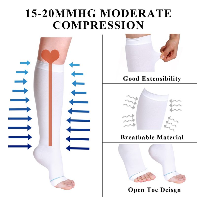 Sintege 4 Pairs Open Toe Anti Embolism Compression Stockings TED Hose 15-20mmHg Compression Socks 18mmHg Toeless Knee Socks for Women Men Swelling(S/m)