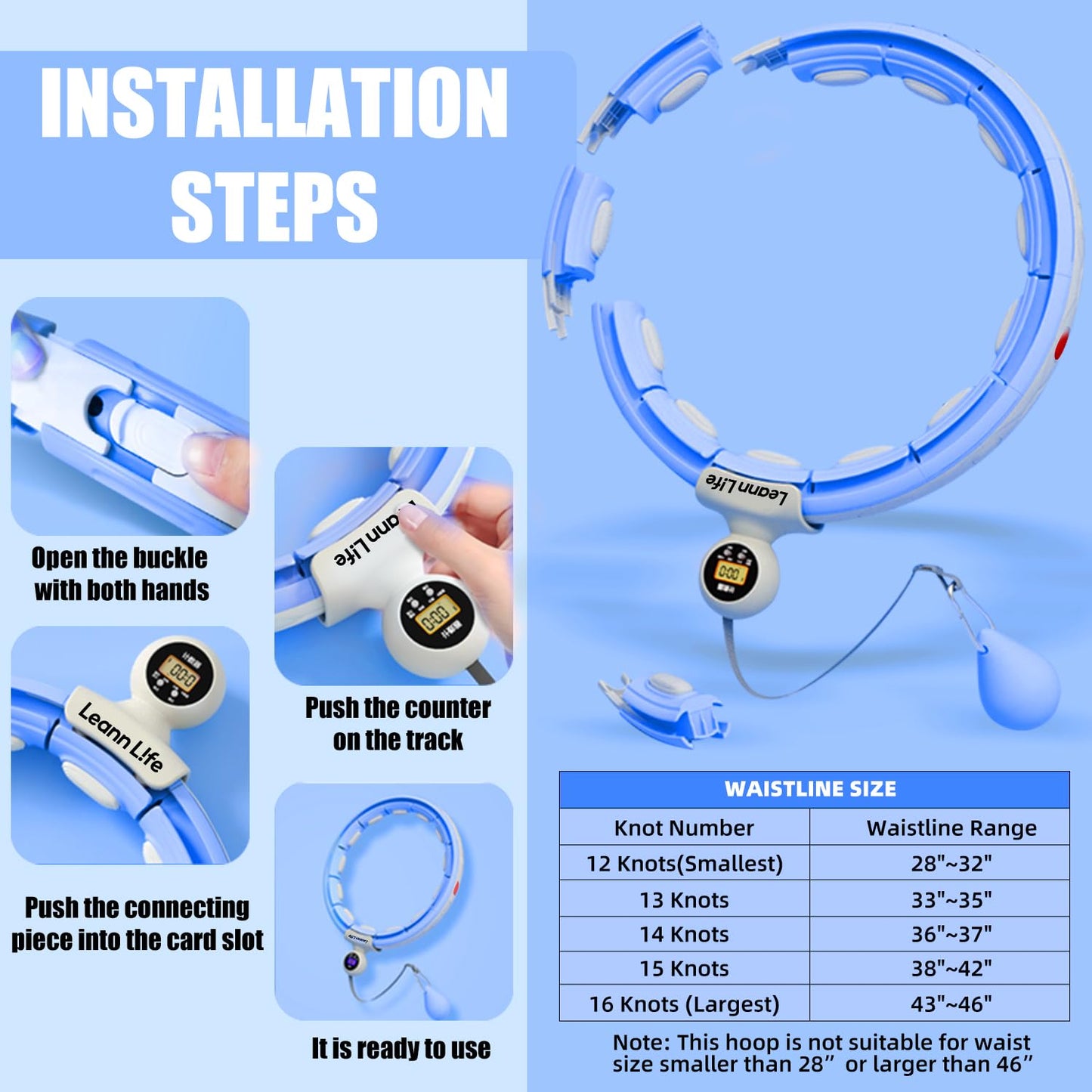 Leann L!fe U5-16 Knots 28”- 46”Counter, Waist Trimmer & Wash Bag, Upgraded Quiet Smart Weighted Hula Hoop for Adults Weight Loss, Infinity Hoop Plus Size, Fitness Exercise, Abdominal Toner, Blue