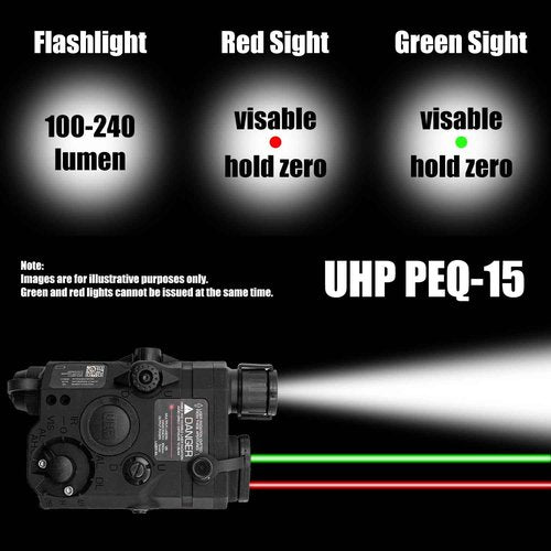 Zhongren Airsoft Tactical 3 in 1 PEQ 15 IR Laser White LED Flashlight + Red/Green Laser Sight for AEG GBB CQB for Outdoor Paintball Hunting (Black)