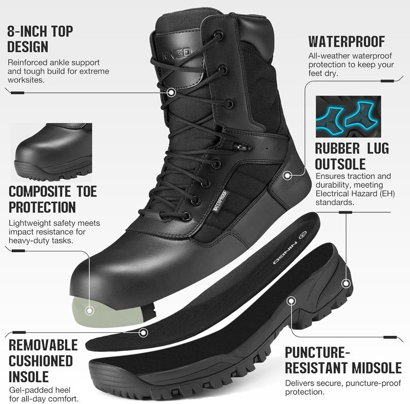 Composite Toe Work Boots for Men - Waterproof, Lightweight Design | 8" Leather Safety Shoes with Side Zipper, Non-Slip & Puncture Proof