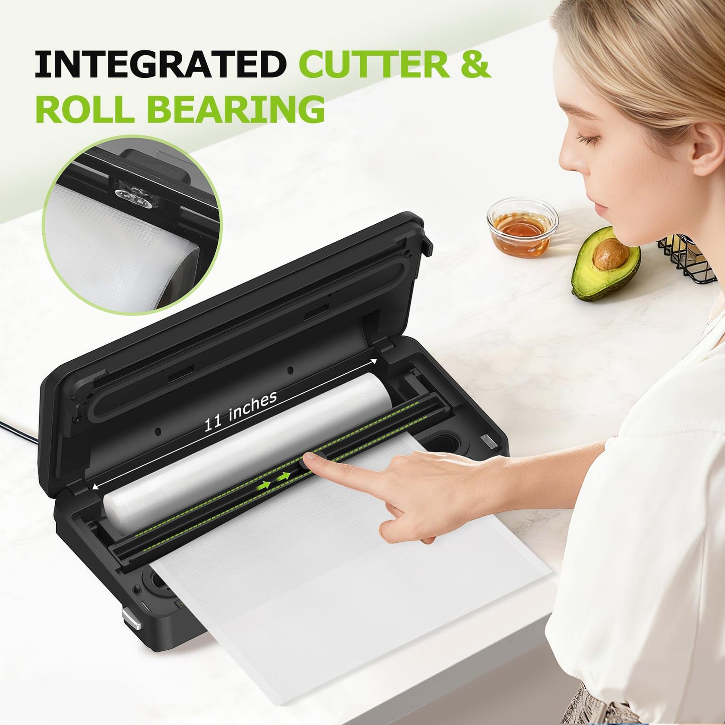 Bonsenkitchen Vacuum Sealer Machine, Built-in Cutter | Multifunctional Food Sealer for Sous Vide & Meal Prep, 5 Pre-Cut Bags, Black