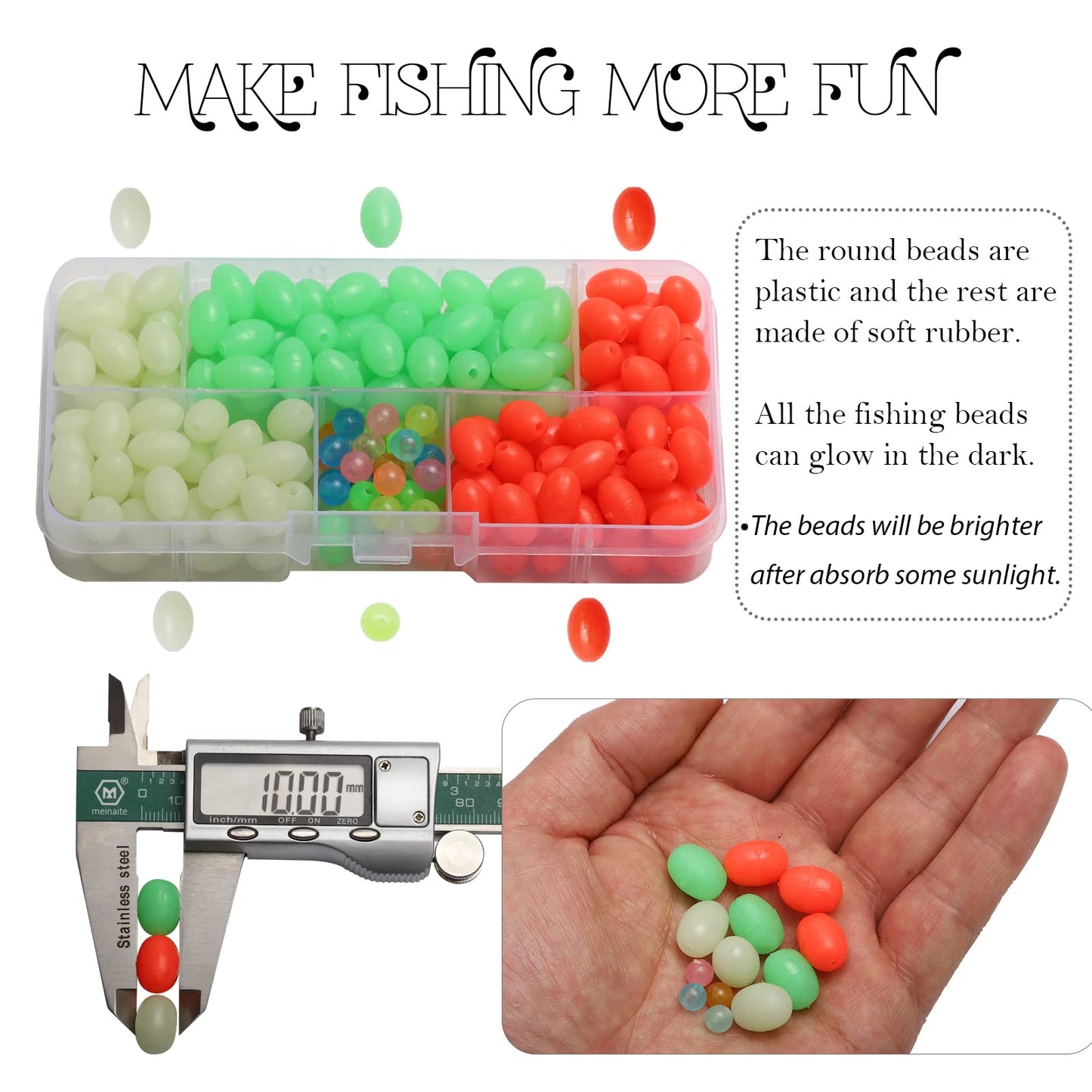 Dovesun Soft Rubber Fishing Beads Fishing Bait Eggs Accessories 7 Colors with Tackle-Box 0.23in(600pcs), 0.31in(250pcs), 0.39in(120pcs)
