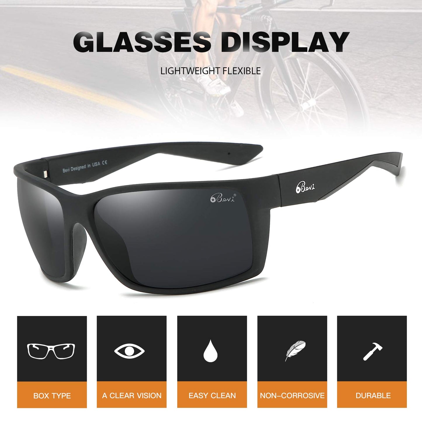 Bevi Sports Sunglasses Polarized Lens/TR 90 Frame with Spring Hinges Glasses For Men Women Cycling Running Baseball 2677C9