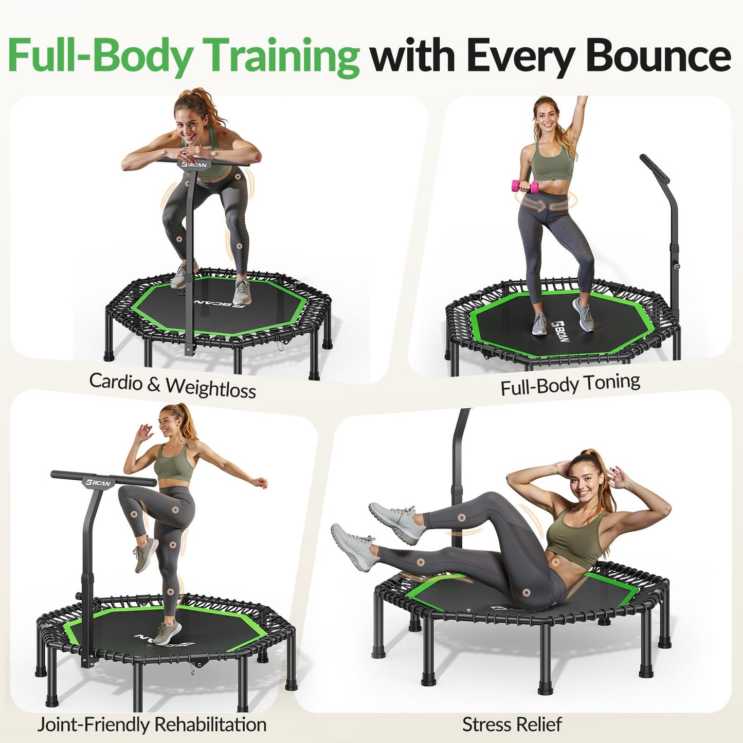 BCAN BT3 51" Octagonal Rebounder Trampoline for Adults, 450LBS Max Load Fitness Trampoline with Large Jumping Area, Silent Bungee Mini Trampoline with T-Adjustable Handle for Home Gym