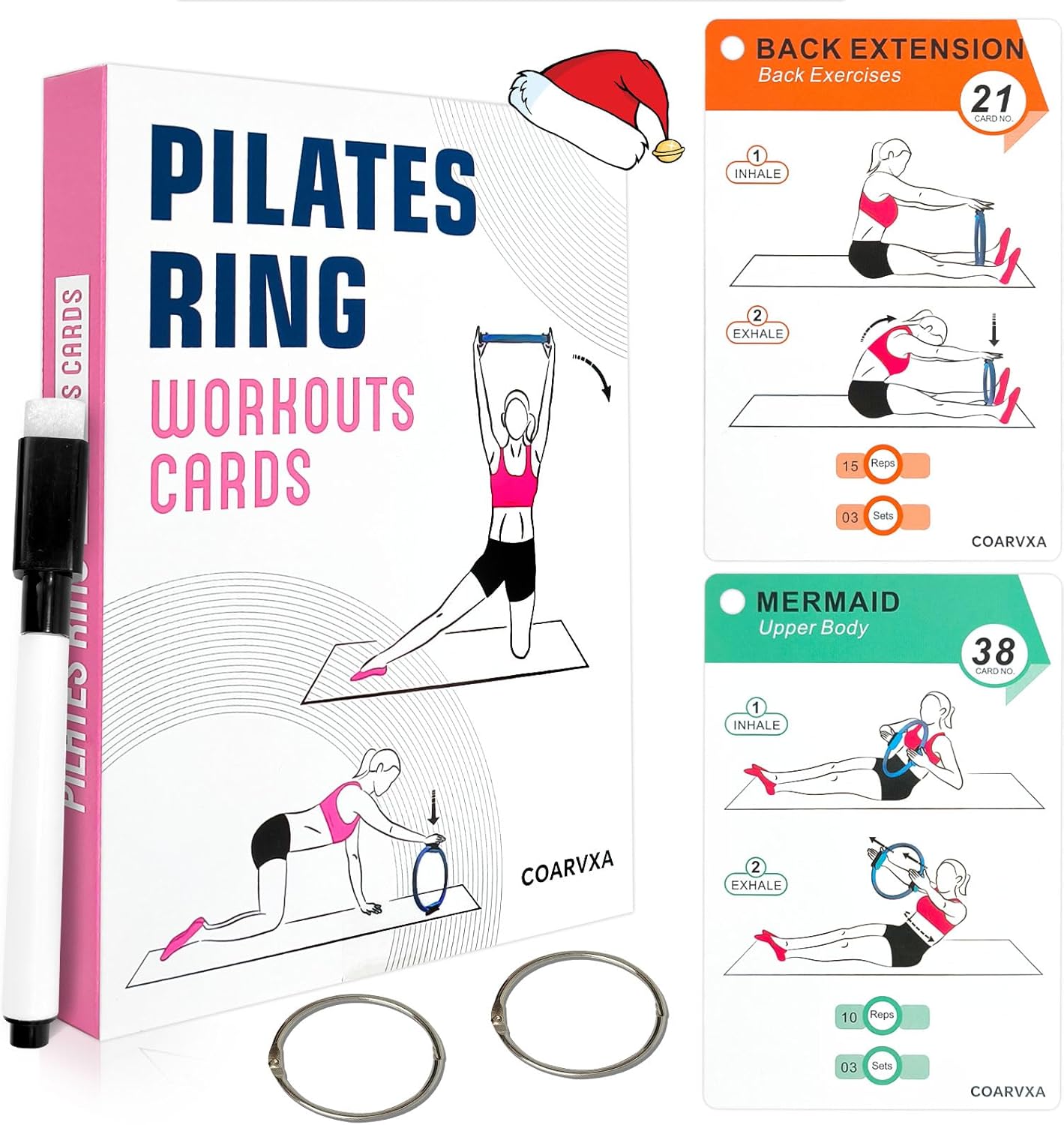 Pilates Ring Workout Cards - 58 Exercises & 4-Week Challenge | Includes 2 Rings & Mat for Home or Gym