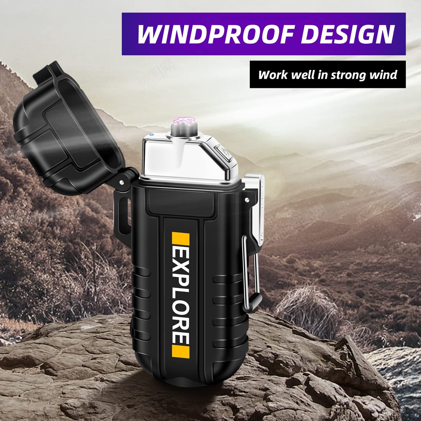 LcFun Arc Lighter Waterproof Electric Lighter USB Type C Rechargeable Lighter Dual Arc Plasma Lighter Flameless Windproof Lighter with Flashlight for Camping, Hiking, Outdoor Survival, Tactical Gear