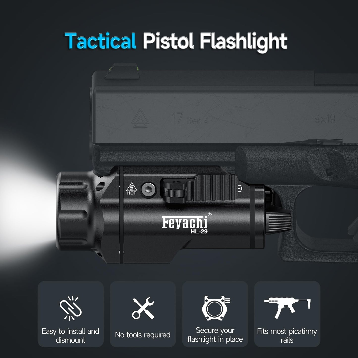 Feyachi Tactical Flashlight - 1500 Lumens Rail Mounted Flashlight, with 5 Interchangeable Picatinny Rail Adapters, Fits Multiple Models, IPX7 Water-Resistant Pistol Light