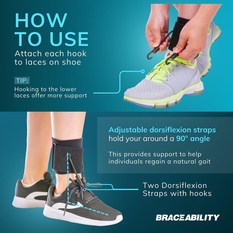 BraceAbility AFO Foot Drop Brace - Adjustable Soft Ankle Foot Orthosis Drop Foot Brace for Men and Women, Walking with Shoes, Toe Lifter Support, Dorsiflexion Assist Brace Fits Left or Right (L/XL)