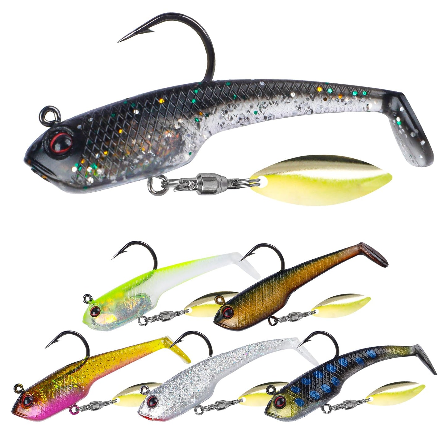 Pawfly 6 Pcs Fishing Lures, Soft Bass Lures, Fishing Bait Trout Lures with Jig Heads, Plastic Swimbaits for Freshwater & Saltwater, Paddle Tail Swim Baits for Bass Catfish Trout Crappie Walleye