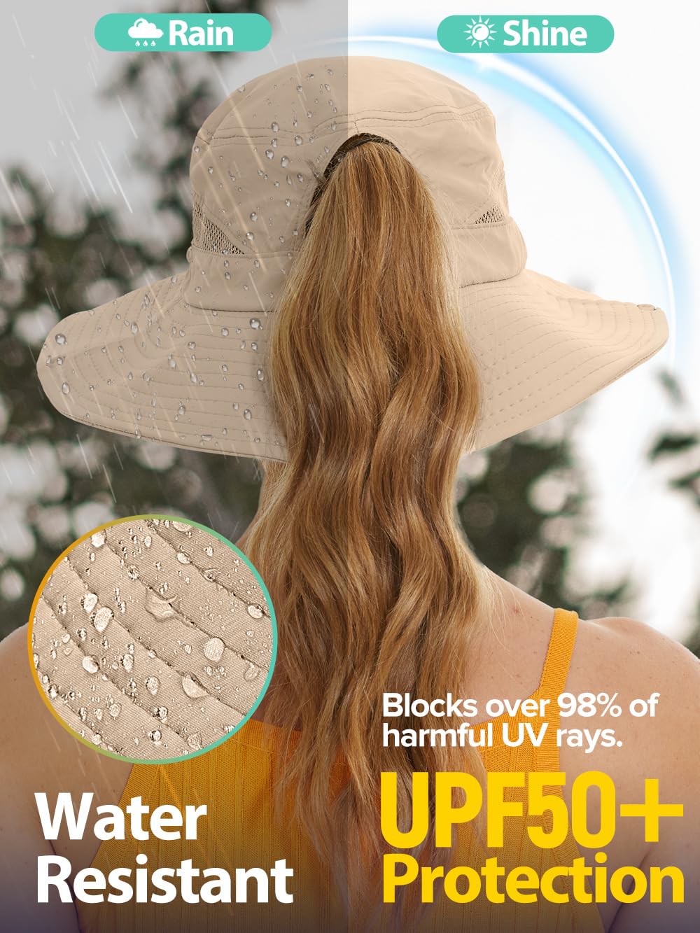 EW East Water Sun Beach Hat for Women, UPF50+ Waterproof with Ponytail Hole
