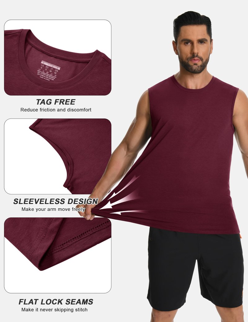 Cotrasen Mens Tank Top UPF 50+ Cotton Sleeveless Shirt Lightweight Casual Gym Workout Cooling Muscle Tee Shirt Wine Red 2XL