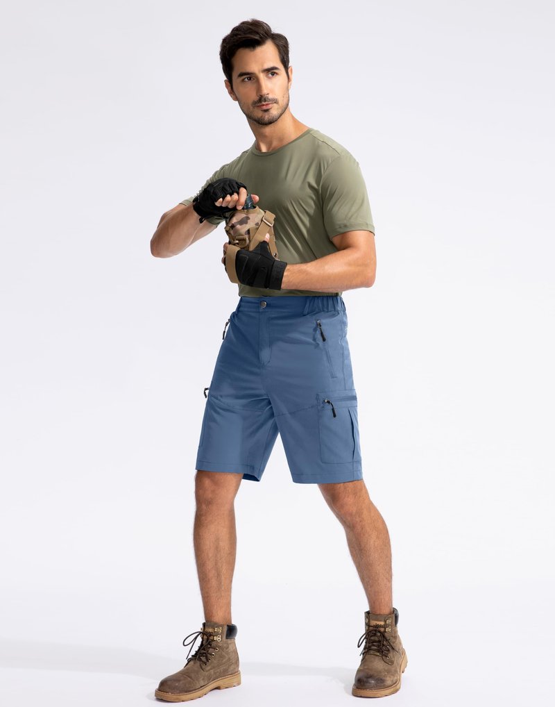 Pudolla Men's Hiking Cargo Shorts 9" Lightweight Outdoor Work Shorts for Men Travel Golf Camping Casual with 5 Zipper Pockets(Blue Large)
