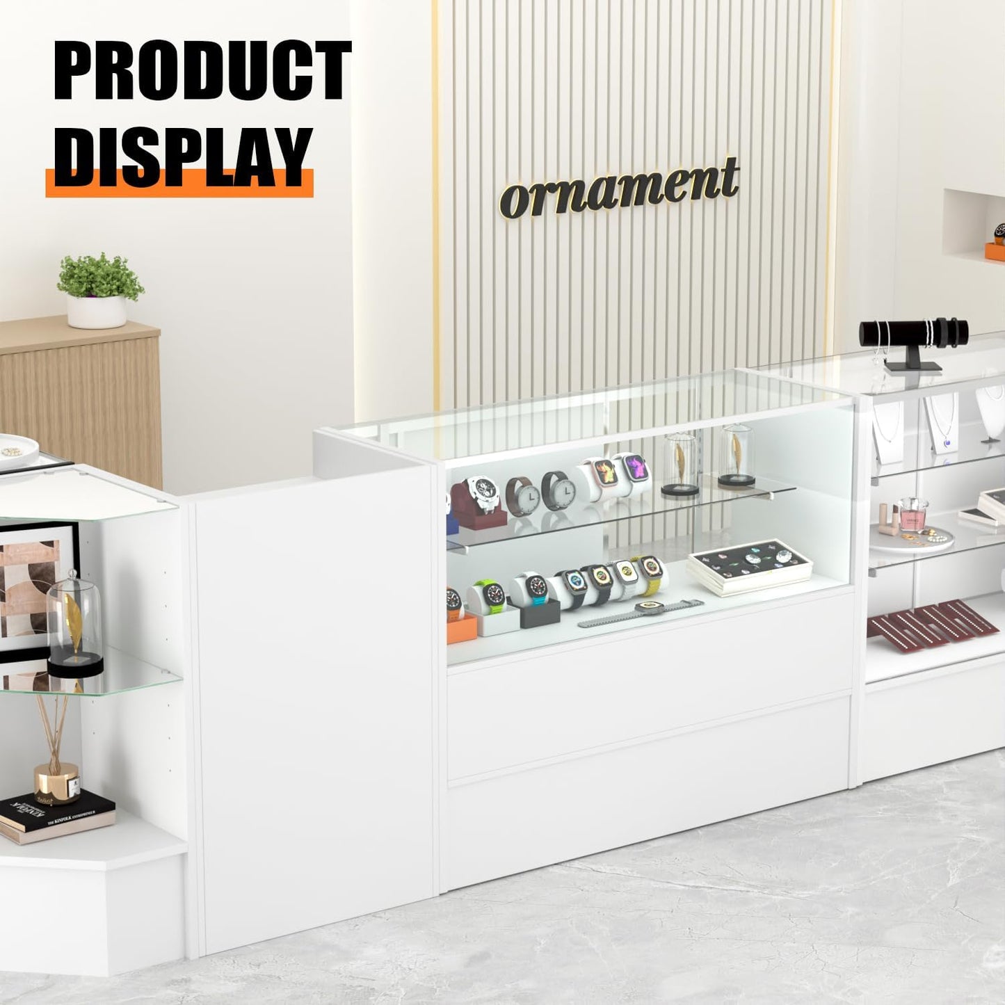 White Retail Display Case - 48” W x 18” D x 38” H | Illuminated Glass Showcase with Storage