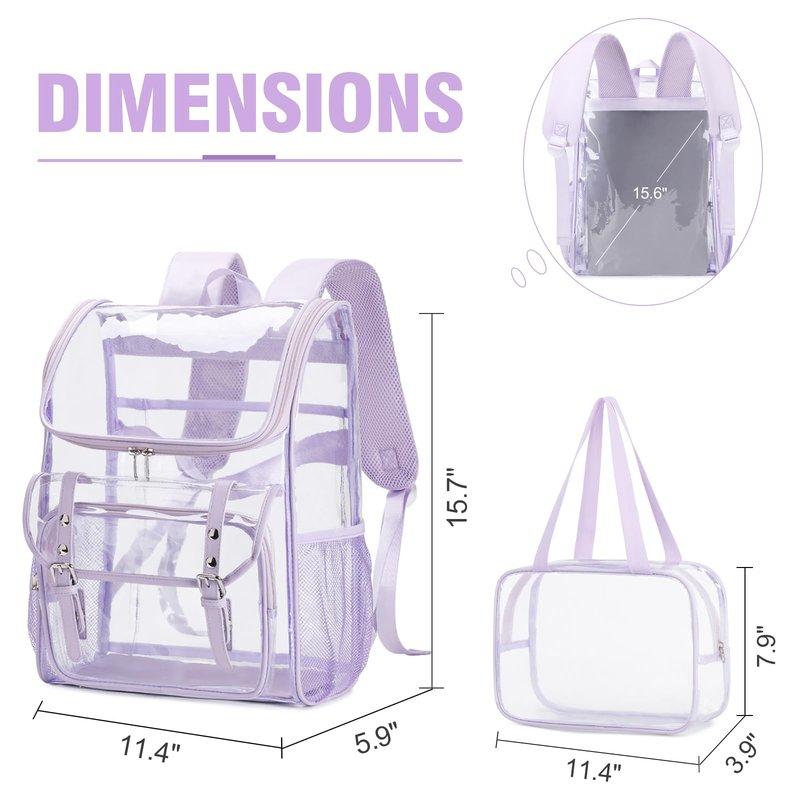 DIGOBAY Clear Backpack with Lunch Bag Set, Leather Clear Backpack Heavy Duty Thick PVC Bookbag Fashion See Through Transparent Backpacks with Support Pad for College Travel Work Purple
