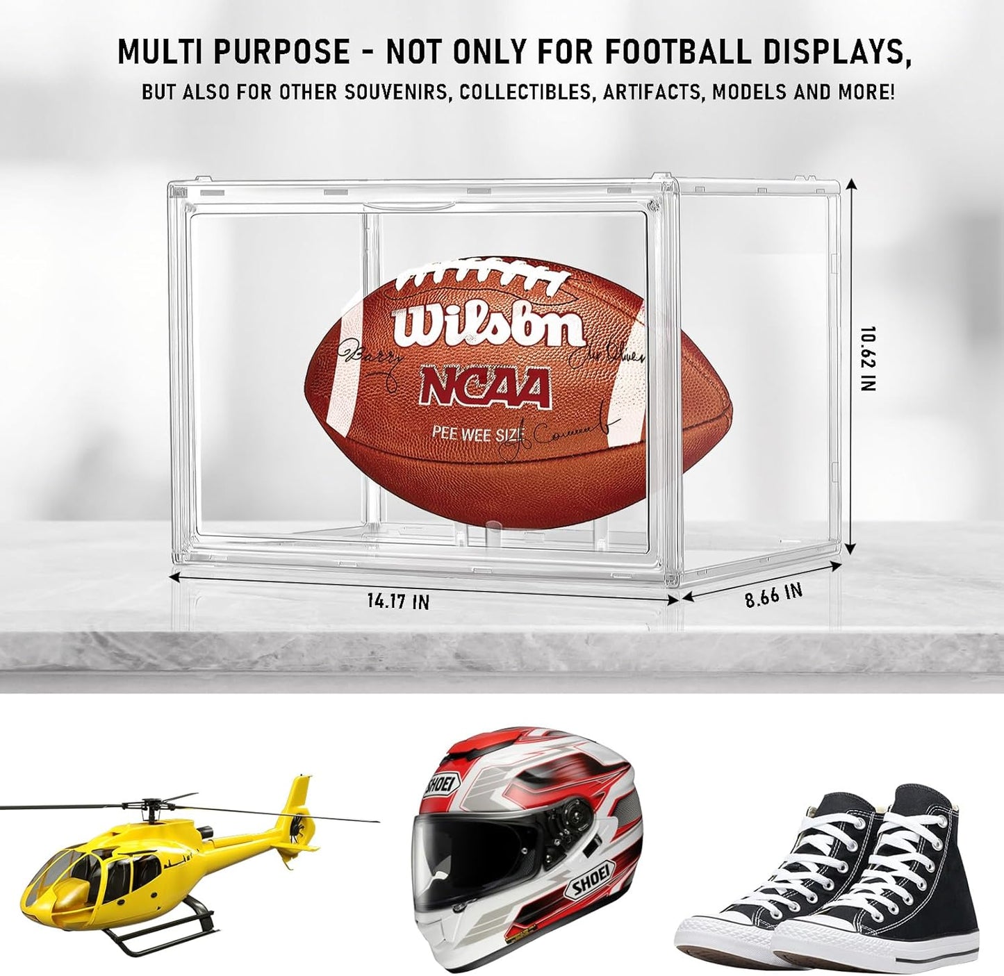 Football Display Case - 3 Pack Clear Acrylic Holder with Magnetic Door | Full Size, Dust & UV Protection