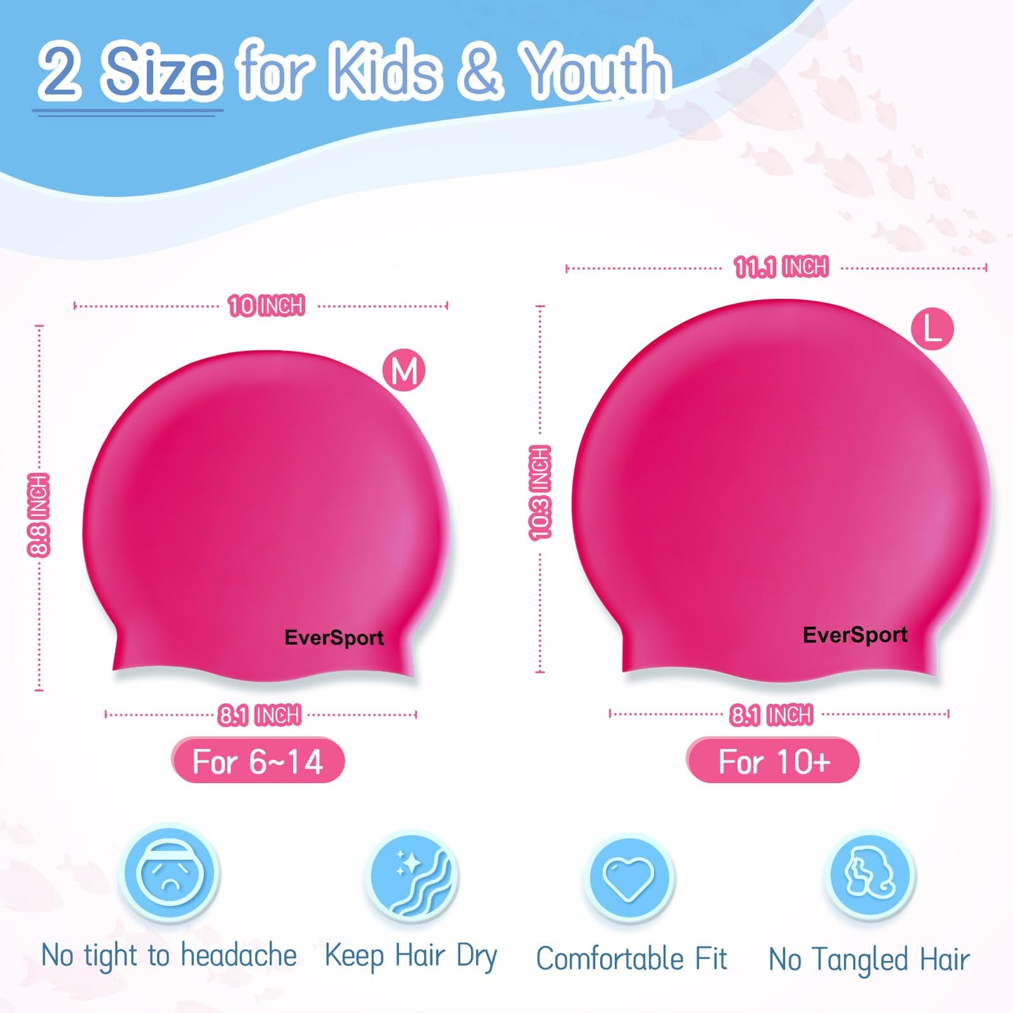 EverSport Kids Swim Caps 6-14 for Girls Long Hair, Large Silicone Swimming Pool Cap for Boys Braids and Dreadlocks Keep Hair Dry Anti Slip Ear Cover Bathing Shower Cap